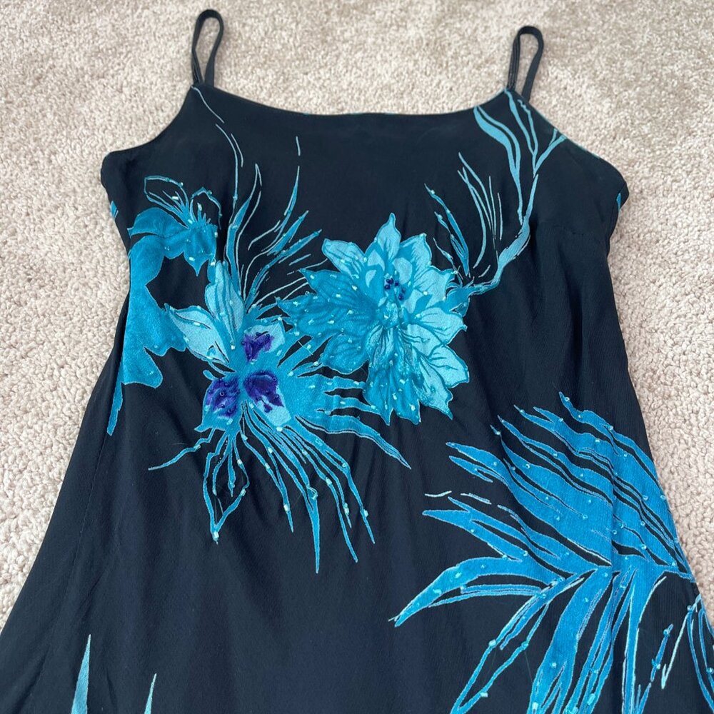 Eva Blue Dress Womens M Blue Floral Tropical Beaded Midi Y2K Whimsygoth Fairy - Picture 3 of 12